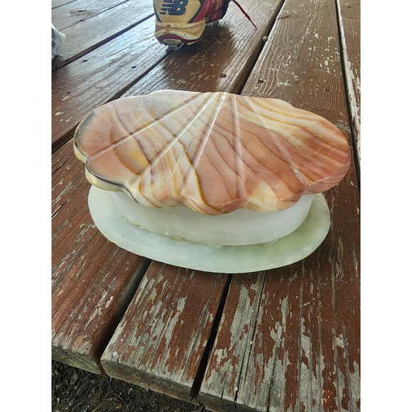 Vintage Onyx Marble Clam Shell‎ Footed Jewlelry Box Hinged Rare - Picture 5 of 10